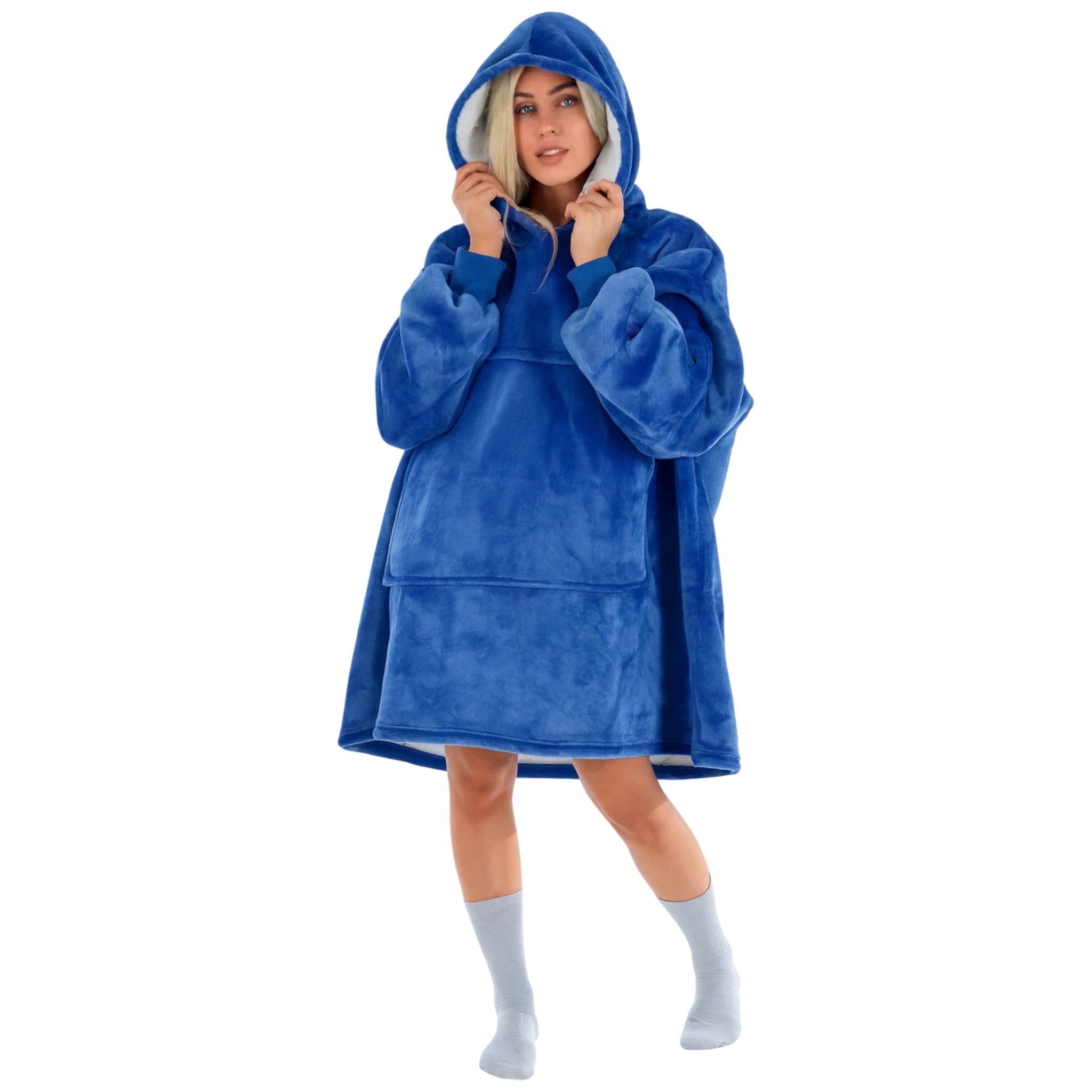 Ladies unisex oversized hoodie blanket snood snoodie in royal blue – soft fleece wearable blanket with hood and large pocket, cozy warm loungewear.